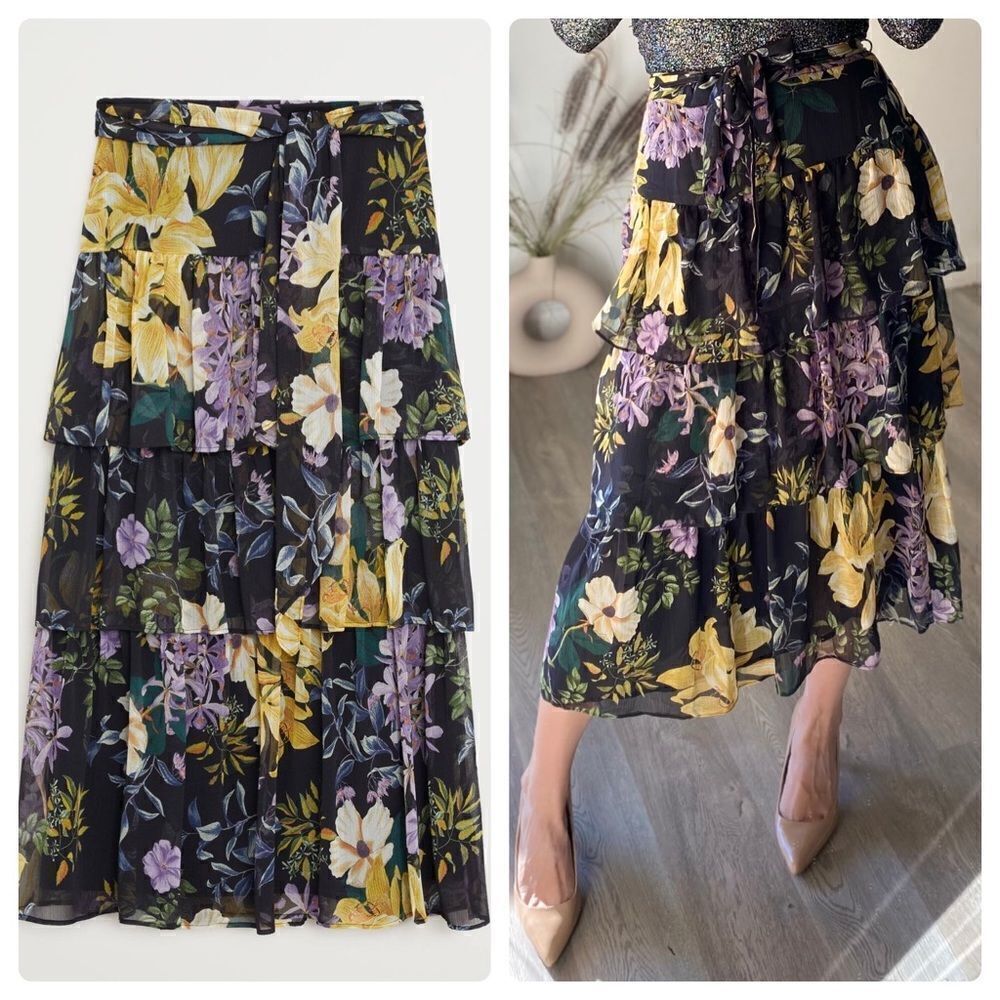 Mango Floral Print Layered Skirt Belted Frills - Picture 1 of 6